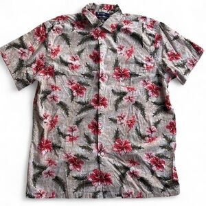 Cremieux Shirt Men's L Short Sleeve Hawaiian Red Hibiscus Collar ButtonUp